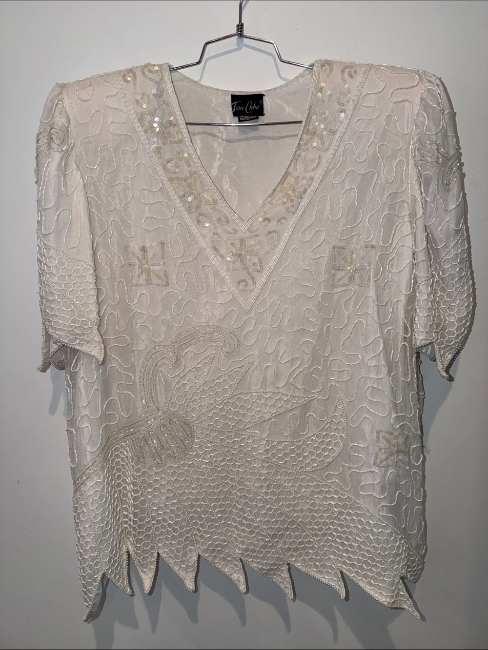 Tan Cho Vintage Silk Beaded White Top Women’s Size 4X